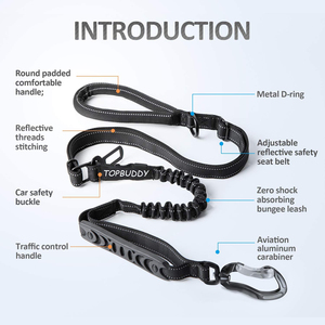 TOPBUDDY-correa elástica multifuncional para perro, <span class=keywords><strong>4</strong></span>-6 pies, fuerte, con cinturón de seguridad para coche - Product Image 2