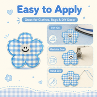 Patch floral en vichy bleu de 11,5 cm, applique brodée thermocollante pour vestes, sacs, chapeaux, vêtements pour enfants, artisanat et décoration DIY