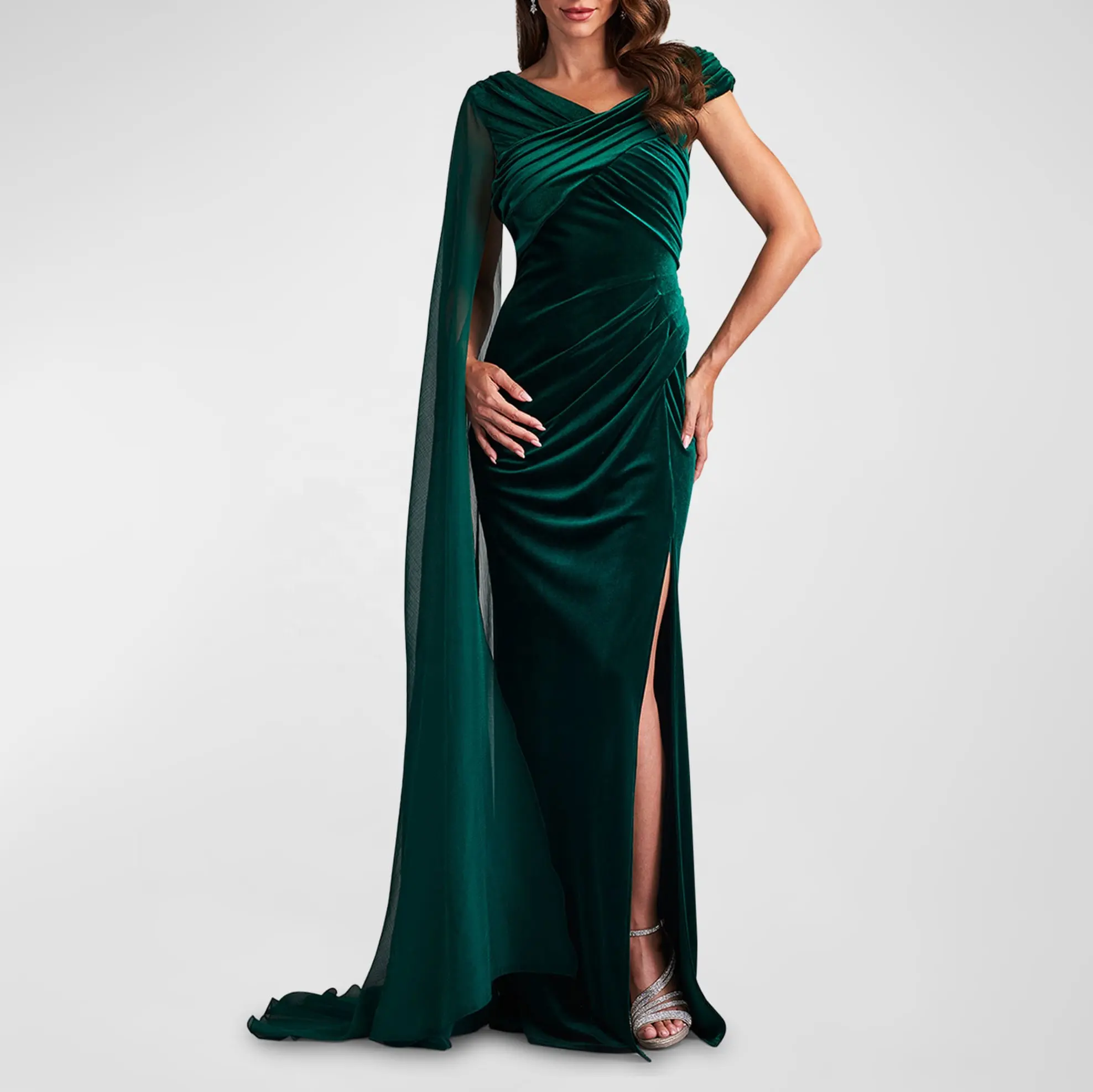 Custom Women's Luxury Evening Dress Pleated Crossover Cape Velvet Gown Maxi Vestidos Ladies Elegant Velour Ball Gown