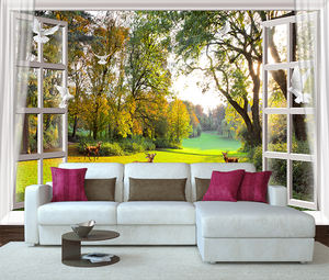 Mural <span class=keywords><strong>de</strong></span> Arte <span class=keywords><strong>de</strong></span> pared natural con Vista <span class=keywords><strong>de</strong></span> ventana realista con ciervos y palomas para decoración Interior tranquila papel tapiz impermeable para dormitorio - Product Image 1