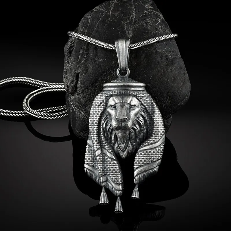 Blues OEM Hip Hop Stylish Metal Pure Tin pewter Arabic Animal Lion Head Pendant With Stainless Steel Chain For Men Jewelry