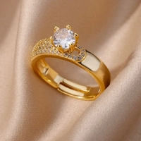 Bague Chevalière Double Couche Plaqué Or 18K avec Cristal Strass et Zircon Taillé Princesse pour Cadeau de Mariage en Acier Inoxydable