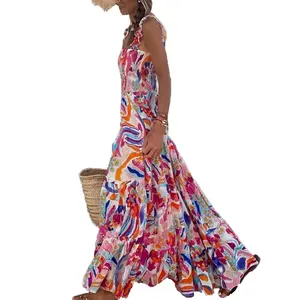 Customized Summer Beach Skirt Ruffle Shoulder Broken Flower Waist Casual Dress For Women