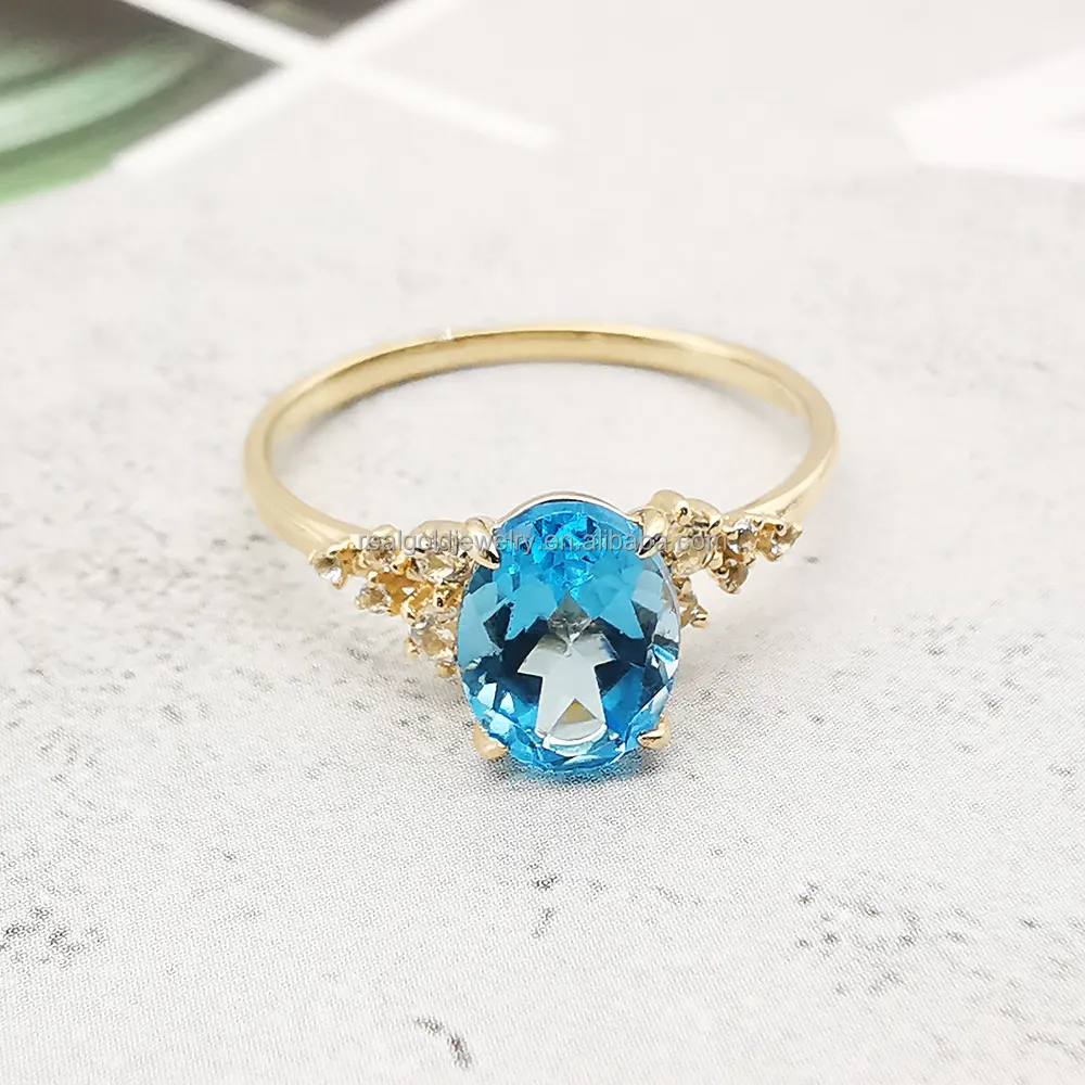 Hot Sale 14 Karat Solid Gold Ring Blaue Farbe Natur topas Stein Engagement Echt Gold Schmuck Ring