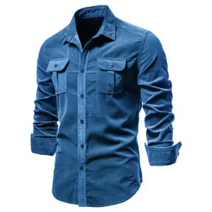 Camisa de moda para hombre, camisa de pana informal de algodón con solapa de Color sólido, ajustada, con logotipo personalizado, de negocios, nueva