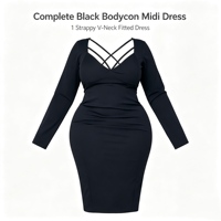 Robe moulante mi-longue à manches longues en nylon et élasthanne grande taille, idéale pour les soirées et cocktails – Article de revendeur à forte conversion