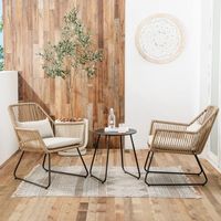 Ensemble de salon de jardin nordique en rotin tressé avec dossier et structure métallique, trois pièces, pour balcon, patio et cour