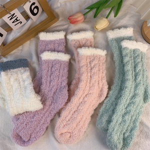 Coral Fleece Women <b>Socks</b> Thick Cotton Lined Warm Home <b>Sleep</b> Floor <b>Socks</b> Autumn Winter Pink Blue Green White Gray - Product Image 2