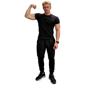 T-shirt da uomo <span class=keywords><strong>nera</strong></span> classica a <span class=keywords><strong>maniche</strong></span> corte con spalle regolari, maglietta estiva casual sportiva per il fitness, top slim fit a mezza manica con collo piccolo - Product Image 2