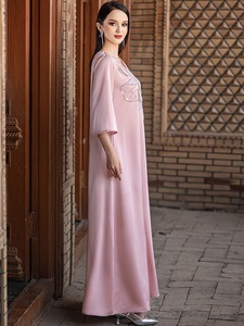 Vestido Elegante con Cuello en V, Manga Tres Cuartos, Adornado con Cuentas, Estilo Jacquard Satinado de Oriente Medio, Europa y América - Product Image 6