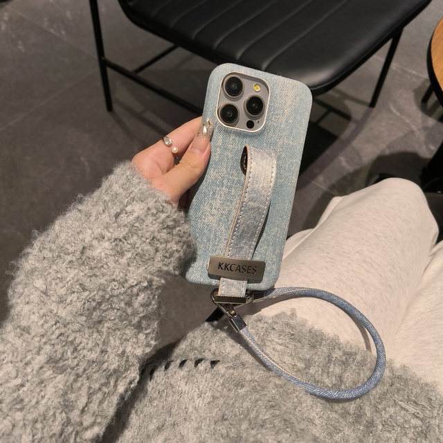 Fashion Brand Jeans Fabric Phone Case for iPhone 16 15 14 13 Pro Max Plus Hand Strap Shockproof Protection Cover Metal Case