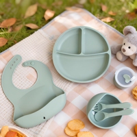 Ensemble de vaisselle pour bébé en silicone, motif dessin animé, avec bol, assiette à ventouse, cuillère et fourchette, idéal pour l'alimentation des tout-petits - Vente en gros usine