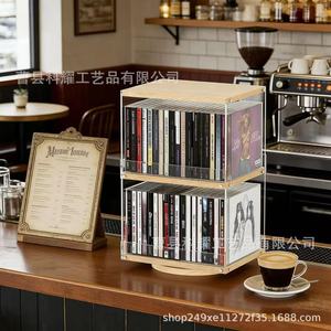 Wooden Cd Rack Double Layer Rotatable Acrylic Vinyl <b>Record</b> Organizer Household Storage Display <b>Stand</b> - Product Image 1