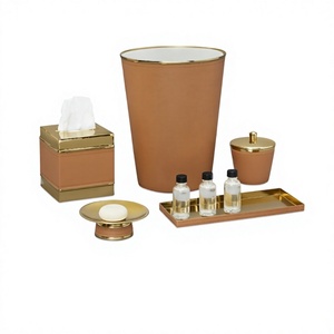 Juego de accesorios de baño de 5 uds de piel sintética de Metal con jabonera, bandeja de servicio de bola de algodón, soporte de pañuelos para decoración de mostrador de baño - Product Image 1