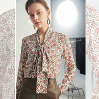 Chemisier formel en soie tissée Mulberry pour femme, élégant, à imprimé floral, col foulard, à lacets, manches longues, extensible