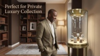 Présentoir de Luxe Cylindrique Doré pour Bijoux avec Projecteur LED, Socle en Verre Trempé, Vitrine pour Bracelets et Colliers, Écologique