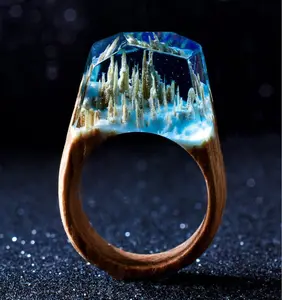 2020 Hot Sale Trendy Cool Colourful Time Magic Forest Landscape Aurora Ring Resin Wood Wooden Rings Creative For Men Women Gift