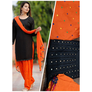 Conjunto de Kurti Negro, Patiala y Dupatta con Bordado de Espejo, Ropa Étnica, Conjunto de Kurta Recta de Rayón, Mangas Tres Cuartos, Cuello Redondo - Product Image 2