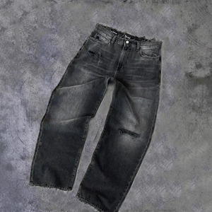 <span class=keywords><strong>Jeans</strong></span> 100% a gamba dritta in cotone acido da <span class=keywords><strong>uomo</strong></span> pantaloni in Denim Vintage di alta qualità con dettagli strappati comodi rilassati - Product Image 1
