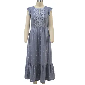 Border dress blue maxi ruffle eyelet-lace eyelet chambray midi dress rose gold summer British style