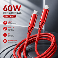 Câble USB C vers USB C de haute qualité 3M, transfert de données USB 2.0, charge rapide 60W 20V 3A, câble tressé en nylon rouge, OEM ODM Factory