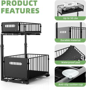 Lot de 2 étagères de rangement coulissantes ajustables en hauteur en forme de L à 2 niveaux pour sous évier, organisateur de cuisine, tiroir de rangement séparé, support pour épices - Product Image 4
