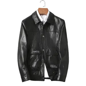 Wholesale Genuine Cowhide Leather Jacket Oil Wax Leather Slim Fit for Men Real Leather Coat Men's Jackets with Embroidery