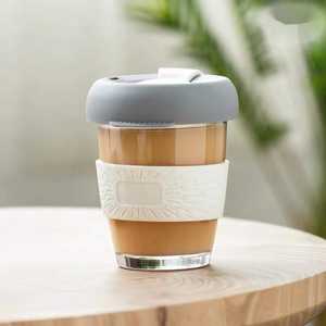 Tasse à café en verre de 340ml 450ml, réutilisable et résistante à la chaleur, avec couvercle en silicone, gobelets à bande en liège pour les voyages en plein air - Product Image 2