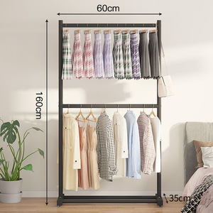 Porte-vêtements double couche en fer gain de place, à poser au sol, armoire portable avec <span class=keywords><strong>tringle</strong></span> de suspension et étagères, pliable pour chambre et bureau - Product Image 2