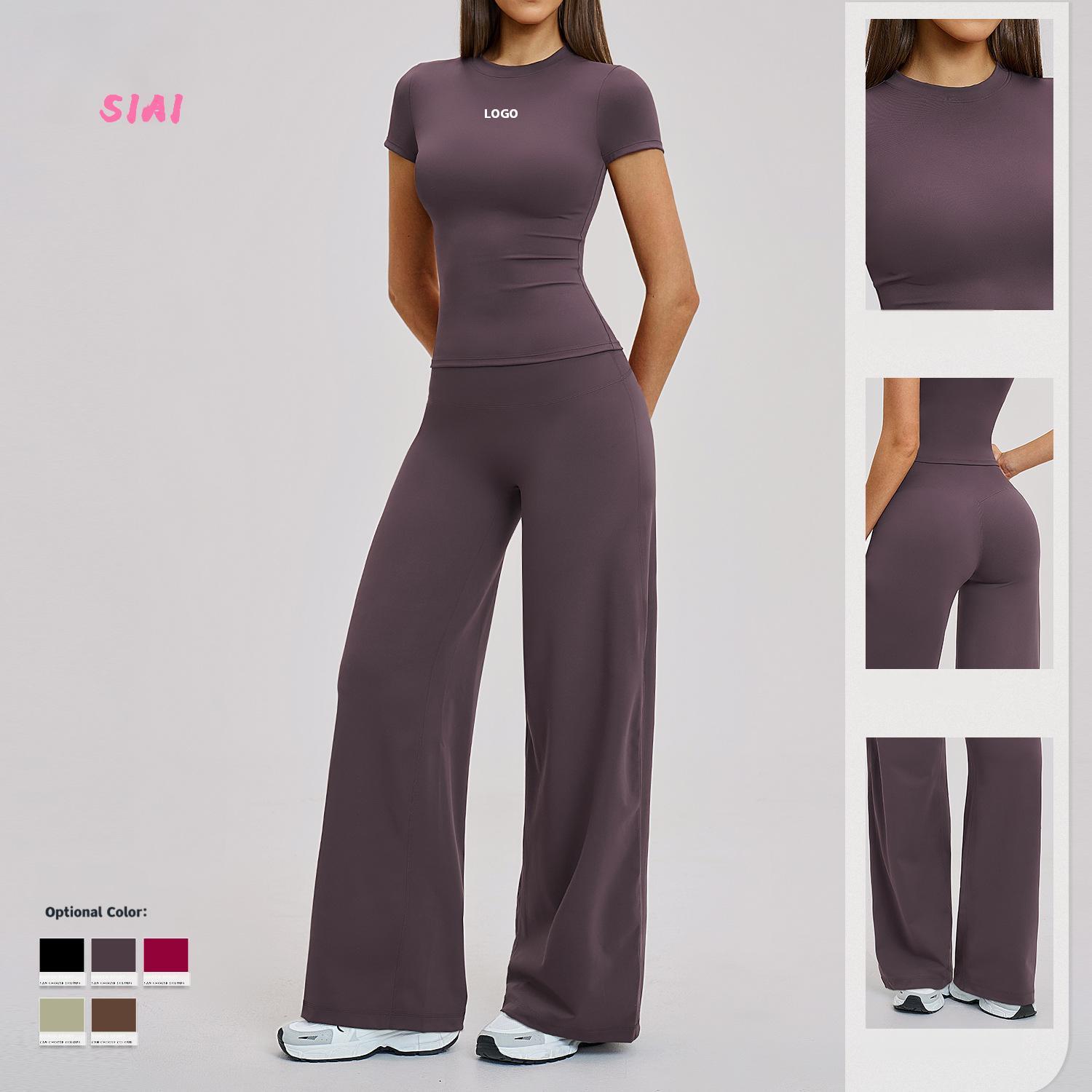 Brushed Plus Size Yoga Set Mid-waisted Loose Straight-leg Pants Sports Fitness T-shirt Outdoor Casual Running Set Four-way
