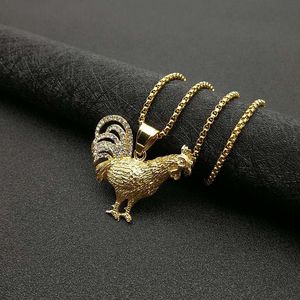 Collier Pendentif Coq du Zodiaque Hip Hop en Acier Inoxydable Plaqué Or, Breloque Animale, Chaîne 3mm 61cm, Bijou Cadeau - Product Image 3