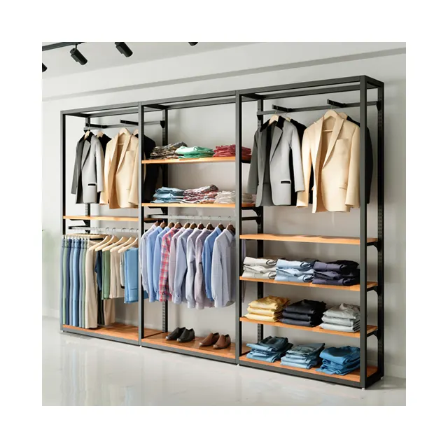 Boutique Equipment Wall Mounted Clothes Hanger Rack Display Shelves For Men Clothing Modern Menswear Store Interior Design