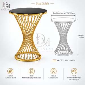 Table de cocktail ronde pour les fournisseurs d'événements avec base en fil torsadé en acier inoxydable doré et plateau en verre trempé miroir - Product Image 5