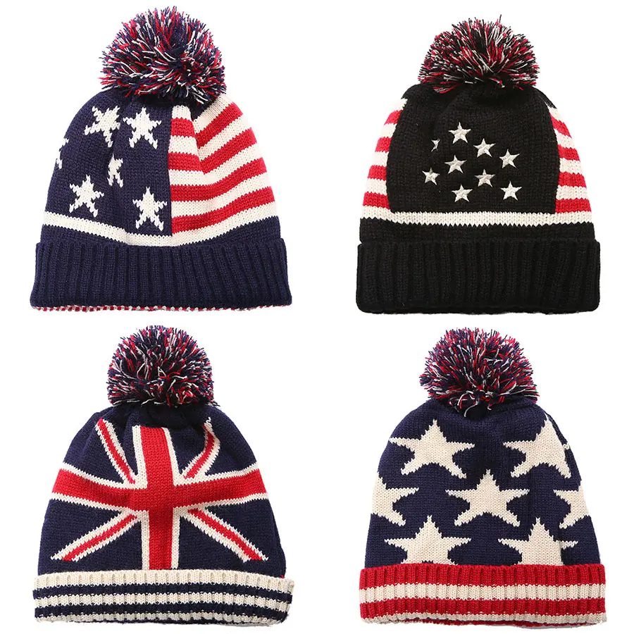 Logotipo personalizado Adultos Inverno Manter Quente Malha Estrela Cap Tarja Bandeira Americana EUA Patriótico Beanie Chapéu de Lã Para Os Homens E mulheres