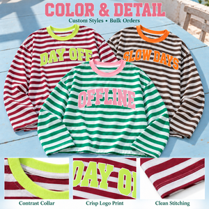 <span class=keywords><strong>Camiseta</strong></span> Dymf Personalizada de Manga Larga a Rayas de Mezclilla para <span class=keywords><strong>Mujer</strong></span>, Estilo Urbano, Cuello en Contraste, Logotipo Estampado, Uso Diario, Corte Holgado, Ecológica - Product Image 2