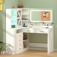 Coiffeuse d'angle en L avec miroir LED et station de charge, table de maquillage blanche avec 6 tiroirs et armoire coulissante RGB, étagères ouvertes
