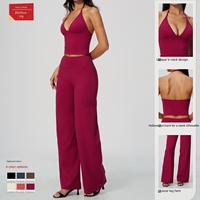 Ensemble de fitness haut de gamme en tissu brossé, comprenant un haut dos nu à col en V profond uni et un pantalon évasé décontracté, anti-transpiration, respirant et élégant