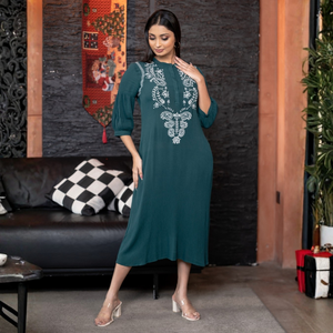 Vestido Midi de Gasa Verde Oscuro, Duradero, Premium, Casual, de Lujo, Antiarrugas, Venta al Por Mayor, Ropa para Mujer - Product Image 1