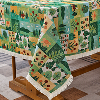 Nappe Jacquard Paysage Pastoral de Dessin Animé, Motif Maison, Arbre et Fleur, avec Pompons, Décoration pour Cottage et Bistro