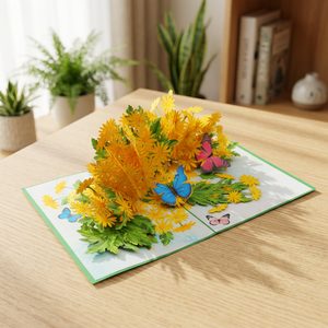 Carte de vœux florale 3D pop-up faite à la main, fleurs de marguerite jaunes, papillons, art de la découpe de papier, artisanat, forme personnalisée, design découpé à la forme - Product Image 4
