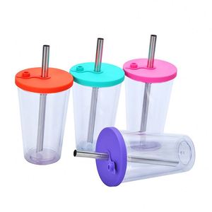 16oz <b>Double</b> <b>Wall</b> Plastic Tumbler Portable Reusable Drinking Cup With Universal Boba Lid and Stainless Steel Straw for Milk Tea - Product Image 3
