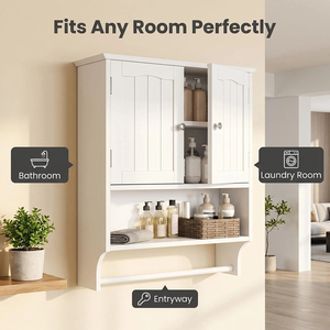 Armoire murale <span class=keywords><strong>de</strong></span> salle <span class=keywords><strong>de</strong></span> bain <span class=keywords><strong>blanche</strong></span>, rangement au-dessus des toilettes, armoire à pharmacie en bois, 2 portes, étagère ouverte, <span class=keywords><strong>porte</strong></span>-serviettes, montage mural, OEM personnalisé - Product Image 2