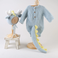 Bleu Pastel bébé garçon tenue Dragon motif chapeau couche-culotte tricot à la main dinosaure barboteuse Crochet nouveau-né Photo tir combinaison accessoire