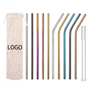 Q7 rinking Straws Set Eco-friendly Reusable Metal Logo 304 Stainless Steel Straw with Bag Customized Free Sample Bar Accessories