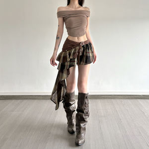 Women Color Block Plaid <b>Patchwork</b> Ribbon Low Waist Irregular Hem Midi <b>Skirt</b> Y2K Vintage Casual Streetwear - Product Image 6