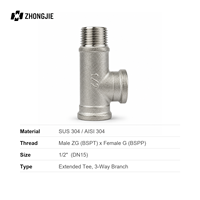 Raccord en T allongé en acier inoxydable 304, filetage femelle G BSPP de 1/2 à 1 pouce et filetage mâle ZG BSPT, connecteur 3 voies pour eau et gaz