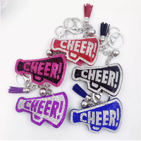 Bling Crystal Rhinestone Diamond Trompeta Llavero Cheerleader Squad Team Superfan Popcorn Cheer Megáfono Borla Gato Patrón