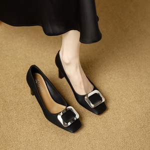 Square Toe Block Heel Pumps Satin Buckle Decorated Formal Women's Shoes High Heel Comfort Slip-On All Seasons - Product Image 4