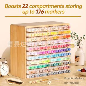 Wooden Marker <b>Storage</b> Rack Multi Tier Desktop Organiser For <b>Drawing</b> Pens Watercolor Brushes Stationery Holder 20 Capacity - Product Image 3