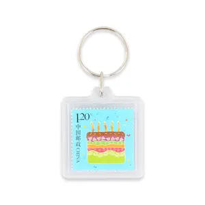 定制亚克力塑料钥匙链聚氯乙烯透明宠物封面，带邮票纪念品钥匙圈，用于促销生日礼品套装